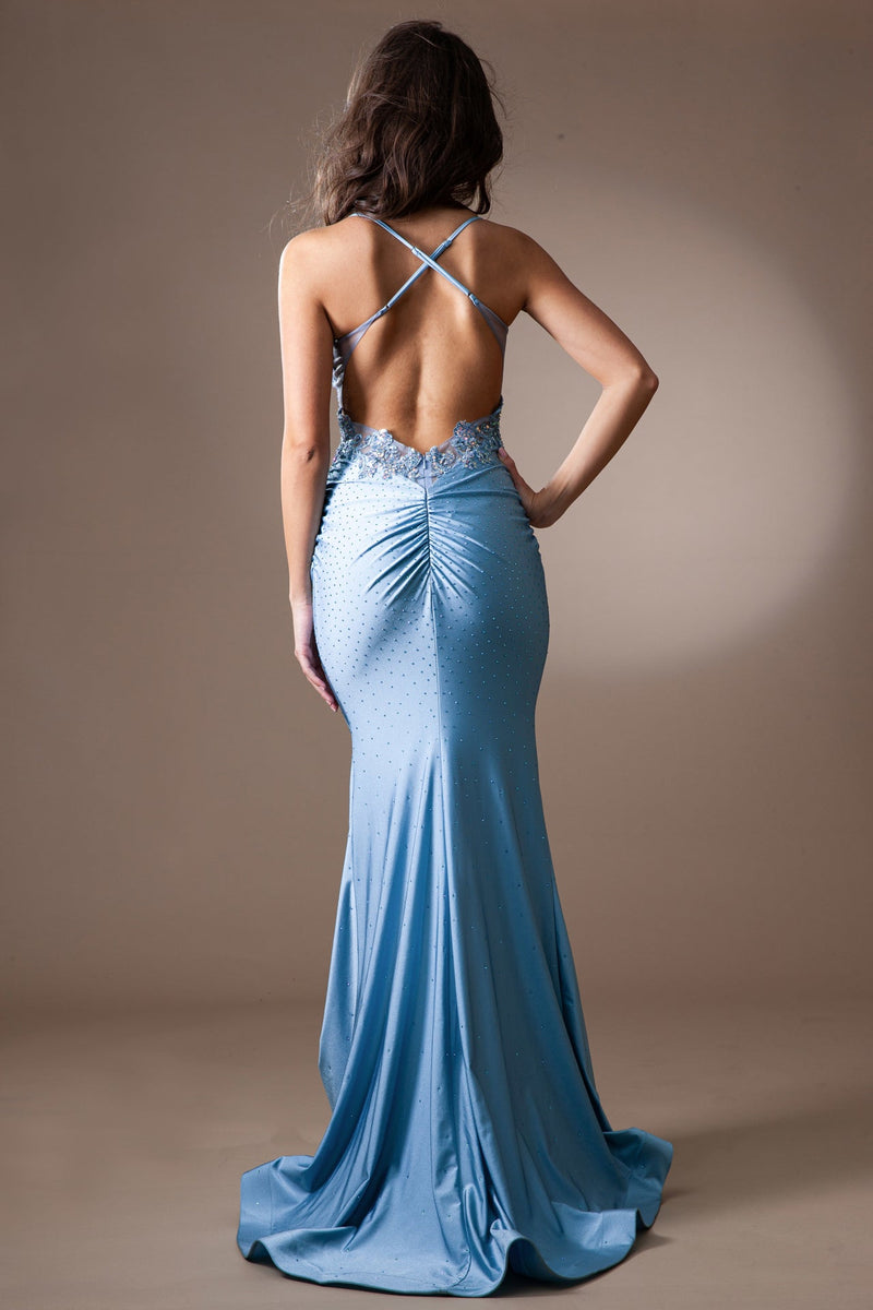 Spaghetti Strap Beaded Bodice Ruched Mermaid Evening Gown By Amelia Couture TM1018