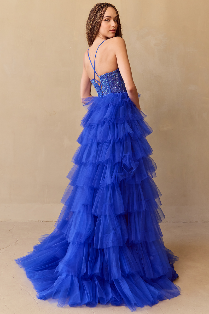 Sequin Beaded Corset Bodice Tiered Ruffle Tulle A-Line Gown Prom Dress by Amelia Couture 4048
