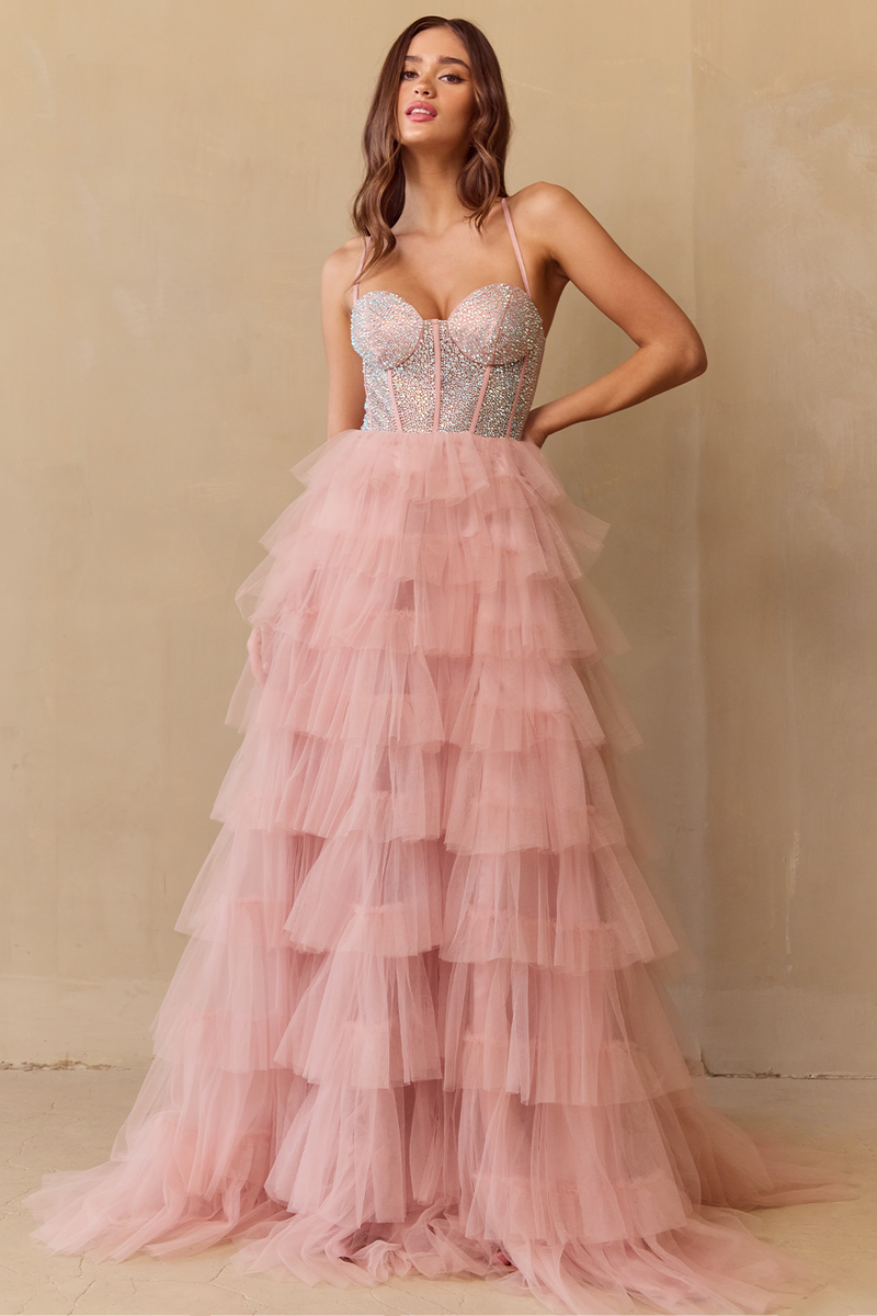 Sequin Beaded Corset Bodice Tiered Ruffle Tulle A-Line Gown Prom Dress by Amelia Couture 4048