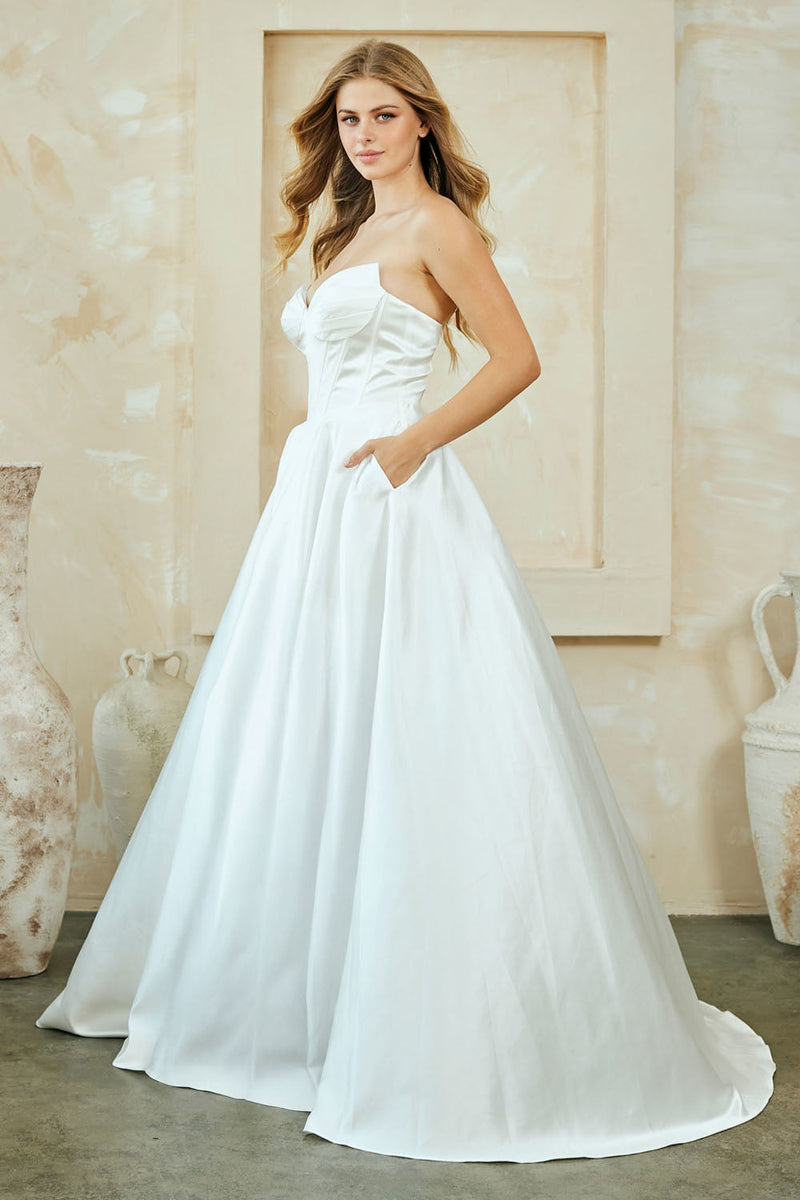 Strapless Satin Corset Bodice A-Line Prom Dress with Pockets & Lace-Up Back by Amelia Couture 5080
