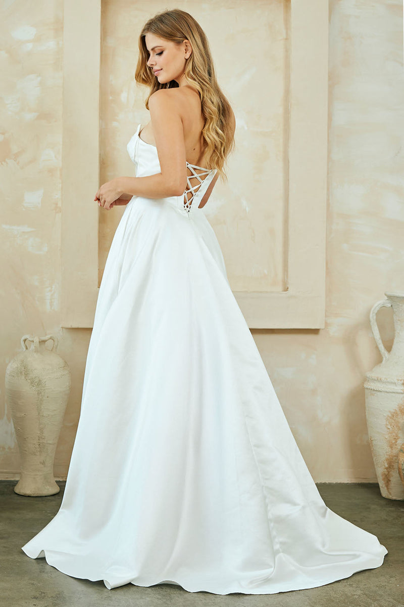 Strapless Satin Corset Bodice A-Line Prom Dress with Pockets & Lace-Up Back by Amelia Couture 5080