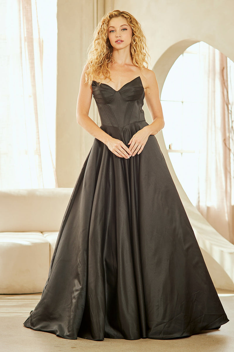 Strapless Satin Corset Bodice A-Line Prom Dress with Pockets & Lace-Up Back by Amelia Couture 5080
