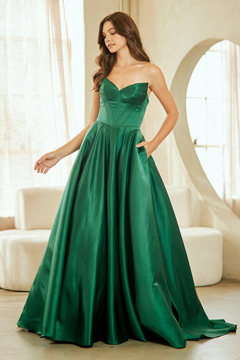 Strapless Satin Corset Bodice A-Line Prom Dress with Pockets & Lace-Up Back by Amelia Couture 5080