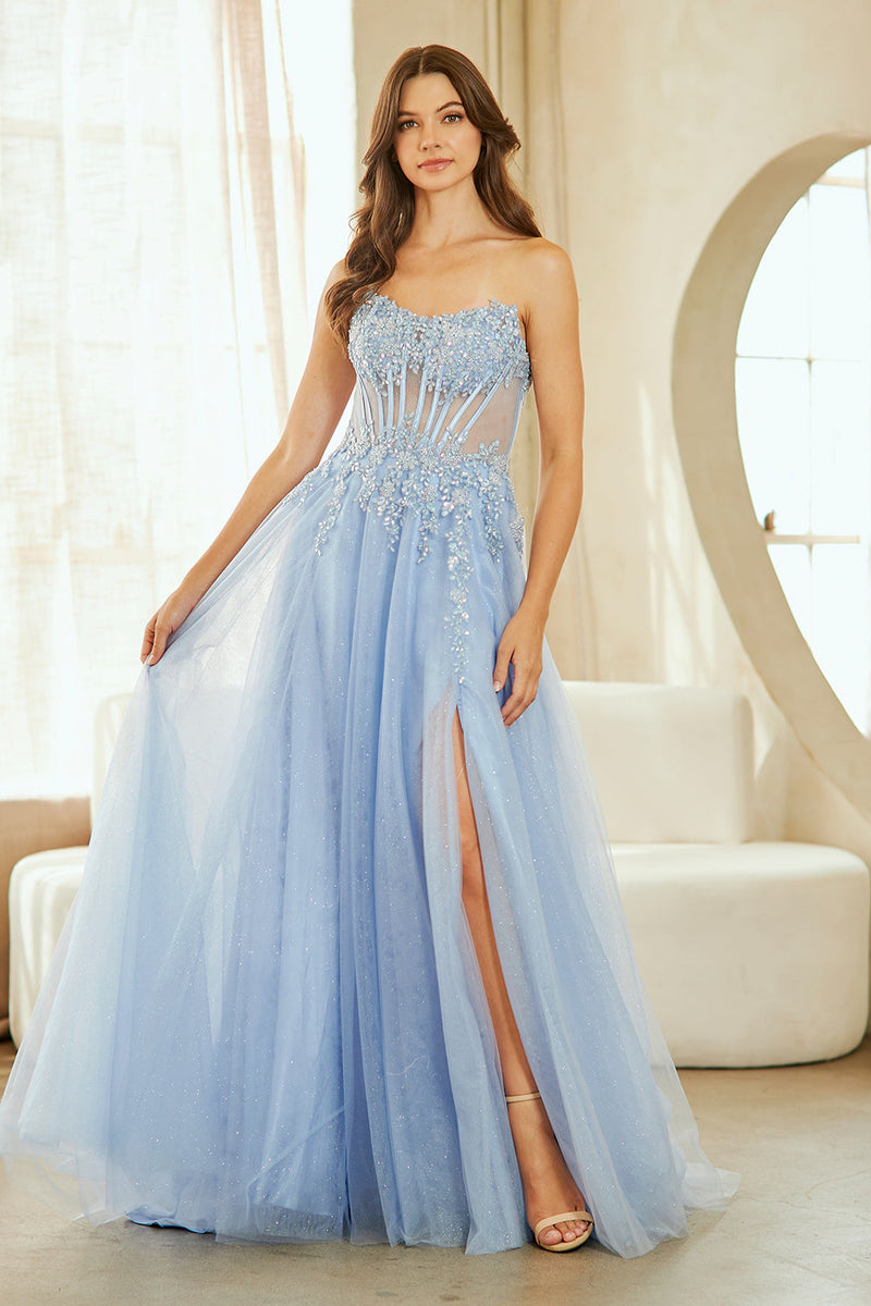 Strapless Corset Prom Dress with Beaded Bodice & Glitter Tulle A-Line Skirt by Amelia Couture 9078
