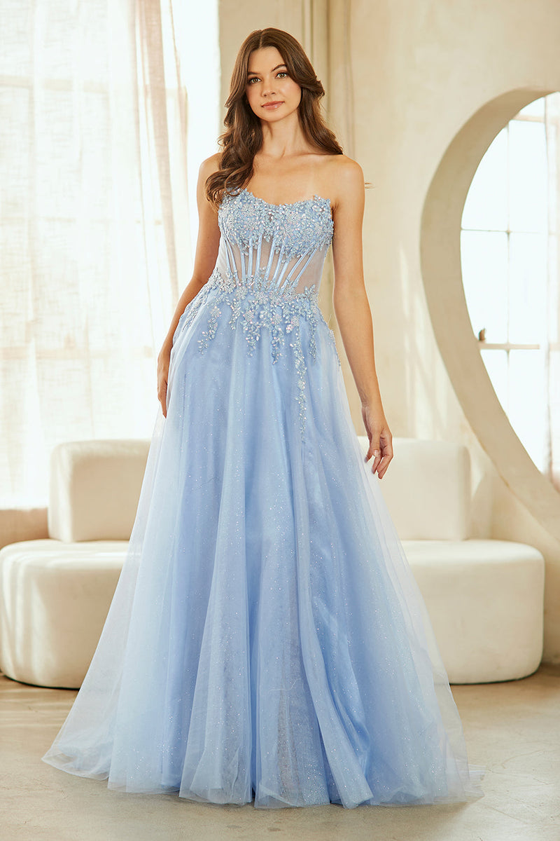 Strapless Corset Prom Dress with Beaded Bodice & Glitter Tulle A-Line Skirt by Amelia Couture 9078