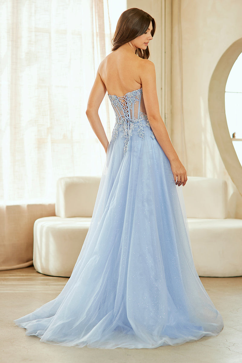 Strapless Corset Prom Dress with Beaded Bodice & Glitter Tulle A-Line Skirt by Amelia Couture 9078