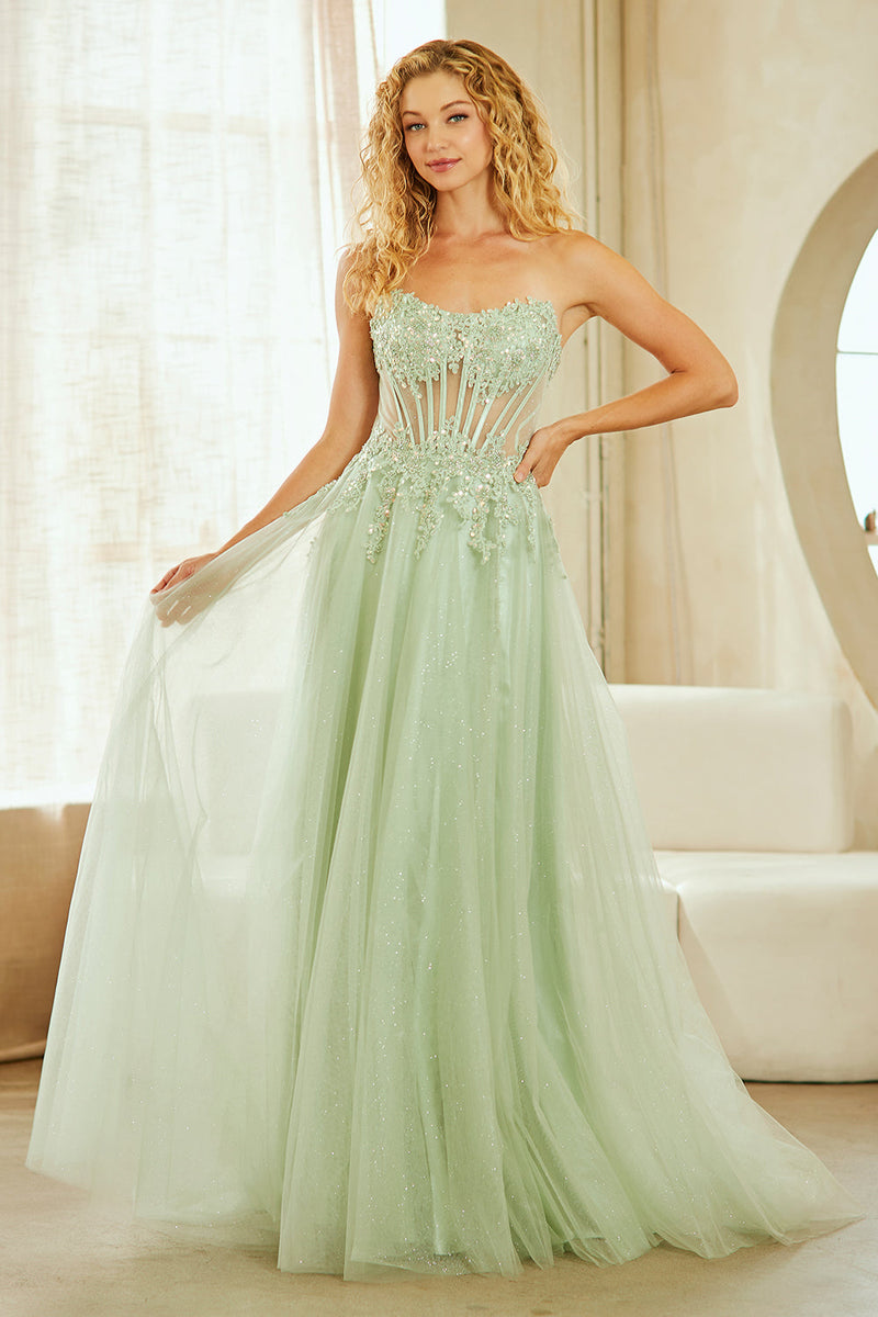 Strapless Corset Prom Dress with Beaded Bodice & Glitter Tulle A-Line Skirt by Amelia Couture 9078