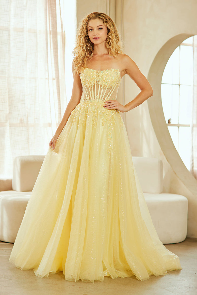 Strapless Corset Prom Dress with Beaded Bodice & Glitter Tulle A-Line Skirt by Amelia Couture 9078