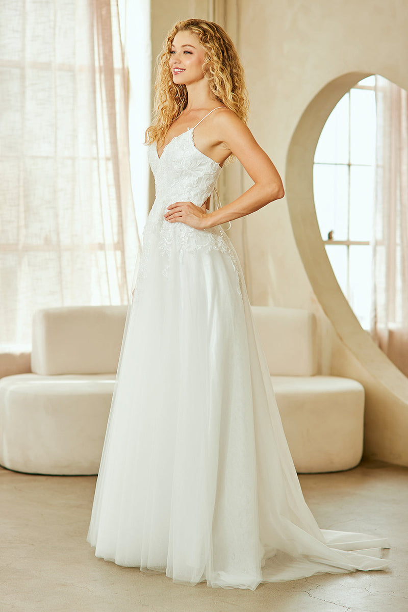 Lace Tulle A-Line Wedding Dress with Spaghetti Straps and V-Neck Bodice by Amelia Couture 9079