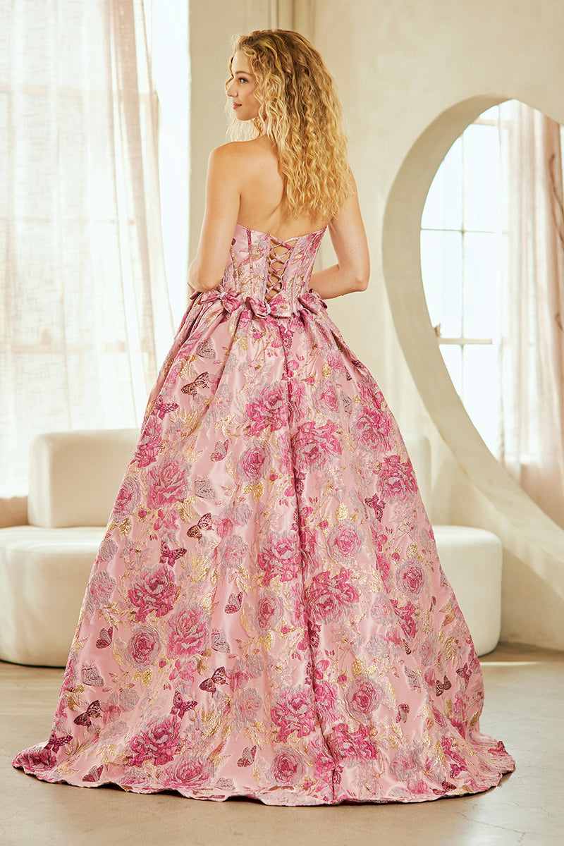 Strapless Floral Jacquard A-Line Gown with Corset Back and Bow Waist Detail by Amelia Couture 8068