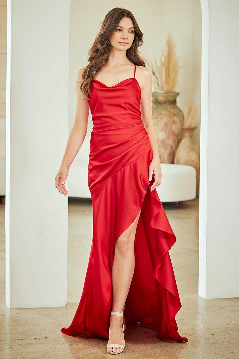 Satin High-Low Ruffle Hem Maxi Dress with Spaghetti Straps Elegant Dress by Amelia Couture 6131