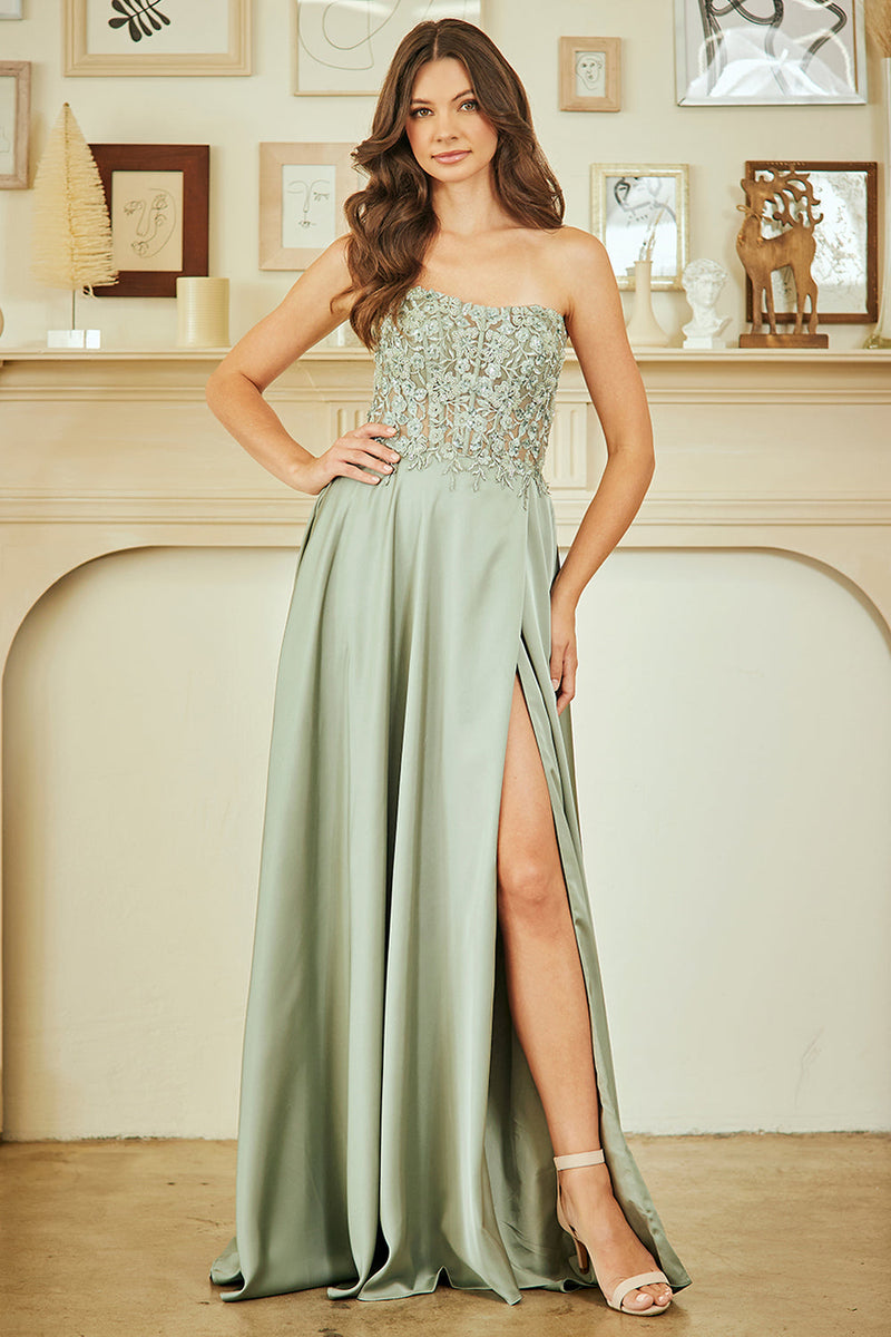 Strapless Satin A-Line Prom Dress with Lace Appliqué Bodice & High Slit Gown by Amelia Couture 6204