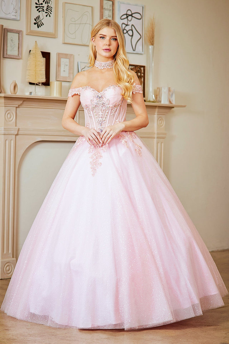 Off Shoulder A-Line Gown with Corset Bodice Glitter Tulle Skirt by Amelia Couture 8064