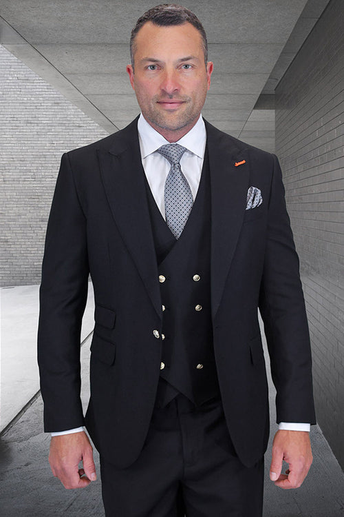 Men's Designer Wool Vested One Button Peak Lapel Suit in Black with Gold Buttons
