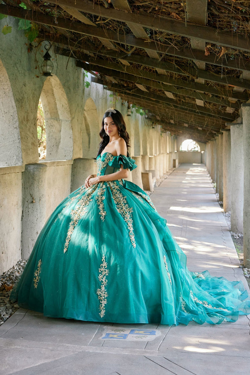 Juliet JT1504J Off Shoulder Applique A-Line Satin Quinceanera Dress