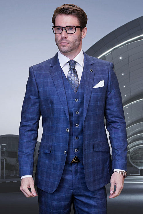 Men's indigo blue plaid suit. Modern fit, two-button blazer with pockets, and a five-button vest. Tailored trousers complete the look. Fitted silhouette, designer wool.