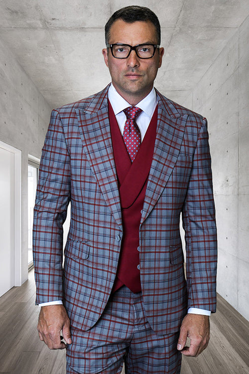 Men's designer suit: grey plaid jacket (peak lapel, Italian wool) & matching double-breasted vest. Plaid: blue/burgundy. Tailored fit, structured shoulders.