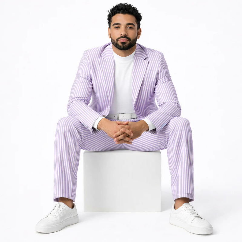 Inserch Mens Premium Cotton Seersucker Stripe Suit ā Purple