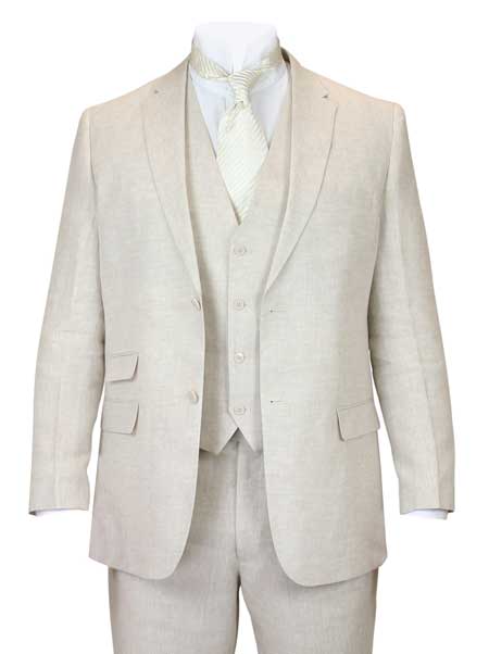 Natural beige three-piece linen suit. Includes a jacket (notched lapel, two pockets), buttoned vest, and flat-front trousers. Lightweight, textured fabric. Vest: three-button closure. Paired with a pale tie.