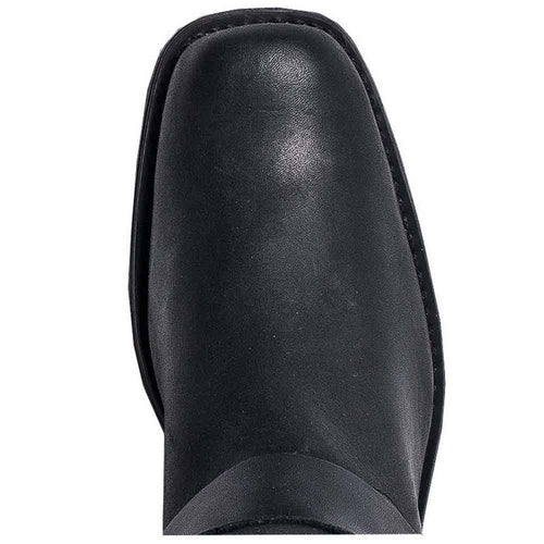 Black leather motorcycle boots for women. Smooth upper, rounded toe. Sturdy sole with visible stitching, suggesting durability and quality craftsmanship.