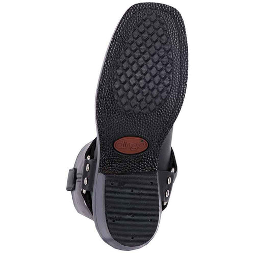 Black leather motorcycle boots with rounded toe, flat sole, and low heel. Smooth finish with adjustable side buckles. Textured sole for grip and support.