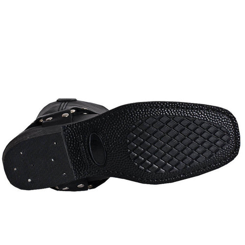Black leather motorcycle boots for women. Textured, patterned sole with traction. Smooth black leather upper accented by metal studs and buckles.
