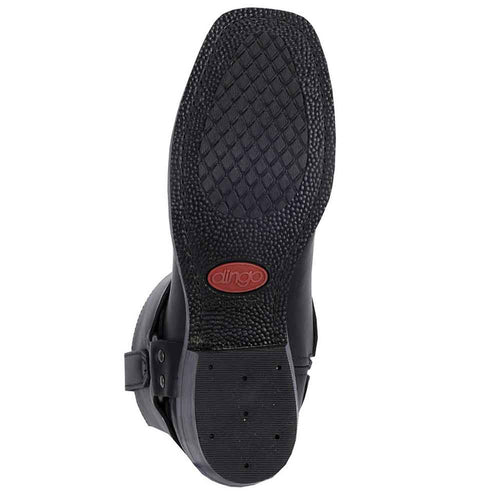 Dingo men's black leather harness boots. Smooth upper, rounded toe. Textured sole for grip. Small logo on heel.