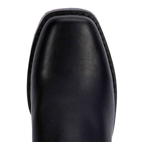 Dingo men's black leather harness boots. Rounded toe, smooth leather upper, visible stitching for durability. Sleek, tailored design.