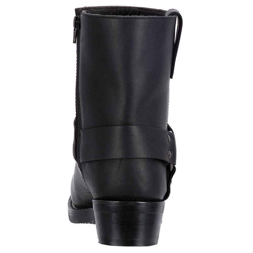 Dingo men's black leather harness boots. Smooth leather, rounded toe, medium shaft with pull-on tab. Rear zipper and ankle strap with snaps. Low, block heel for stability.
