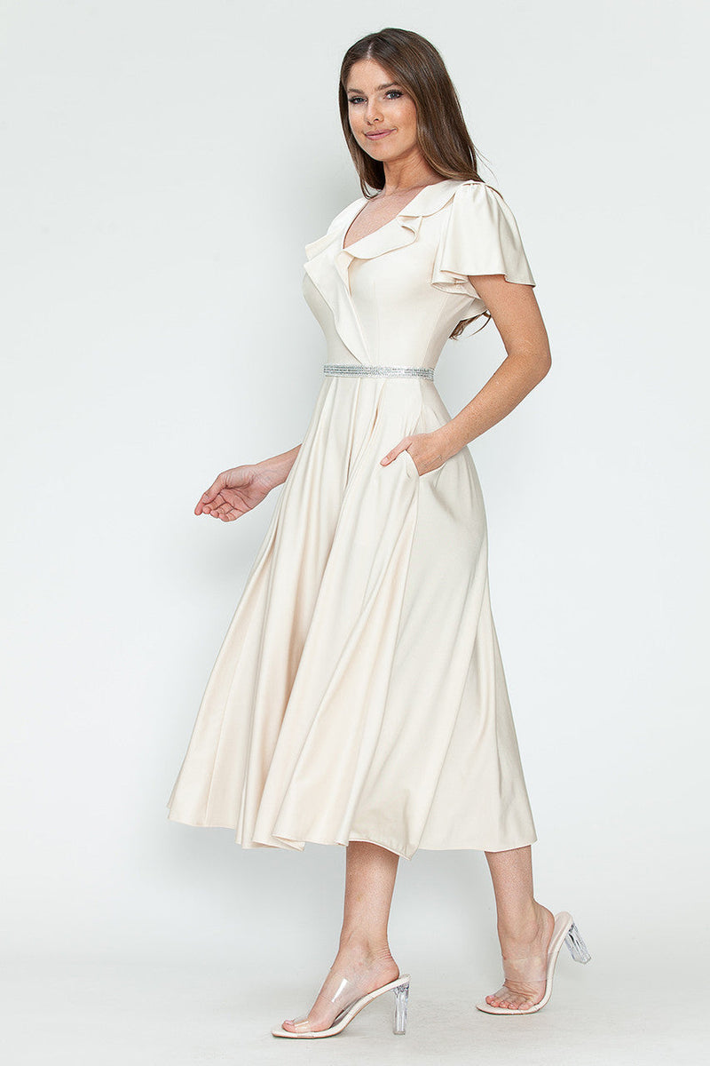 Lenovia 5295 Ruffled Satin Short Sleeve A-Line Tea Length Dress