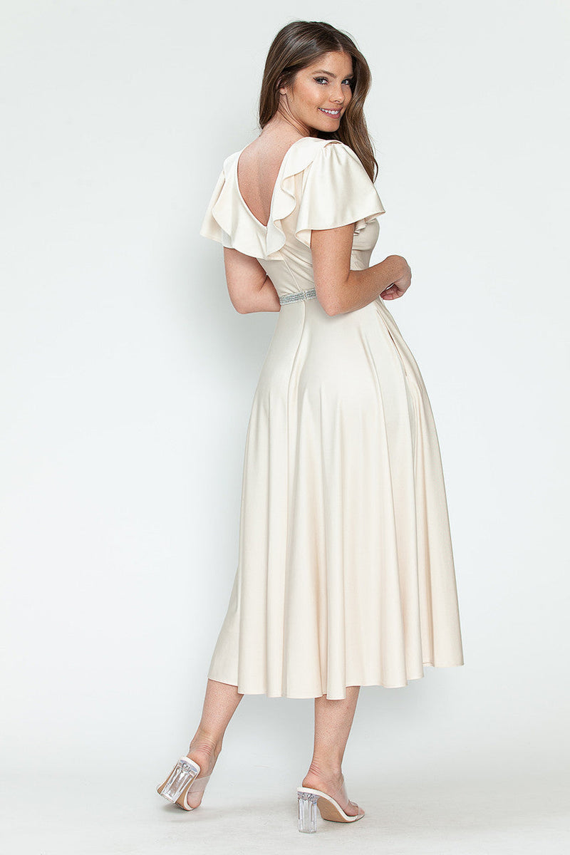 Lenovia 5295 Ruffled Satin Short Sleeve A-Line Tea Length Dress