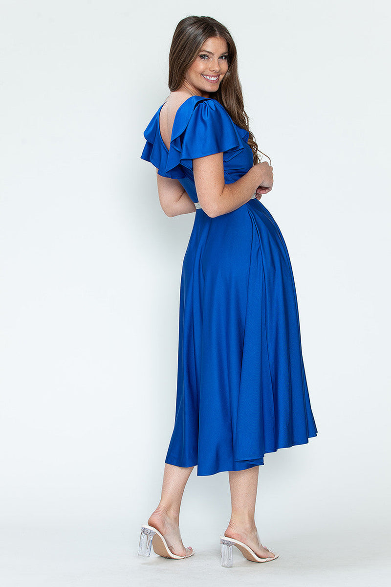 Lenovia 5295 Ruffled Satin Short Sleeve A-Line Tea Length Dress