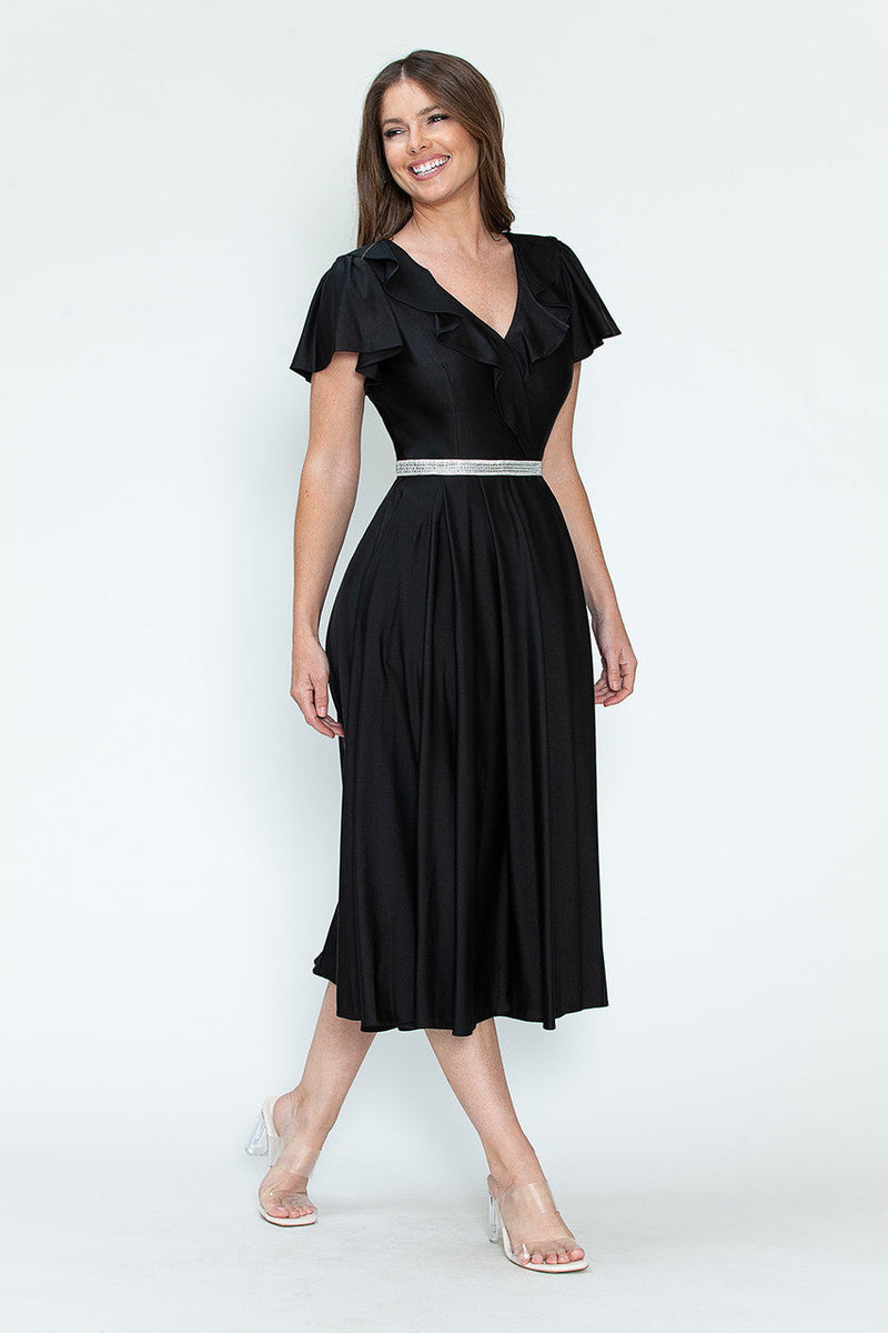 Lenovia 5295 Ruffled Satin Short Sleeve A-Line Tea Length Dress