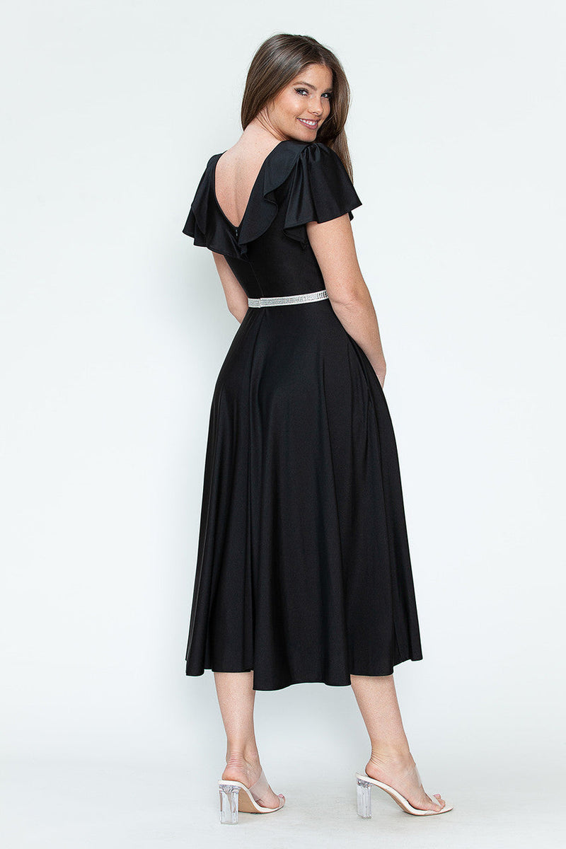Lenovia 5295 Ruffled Satin Short Sleeve A-Line Tea Length Dress