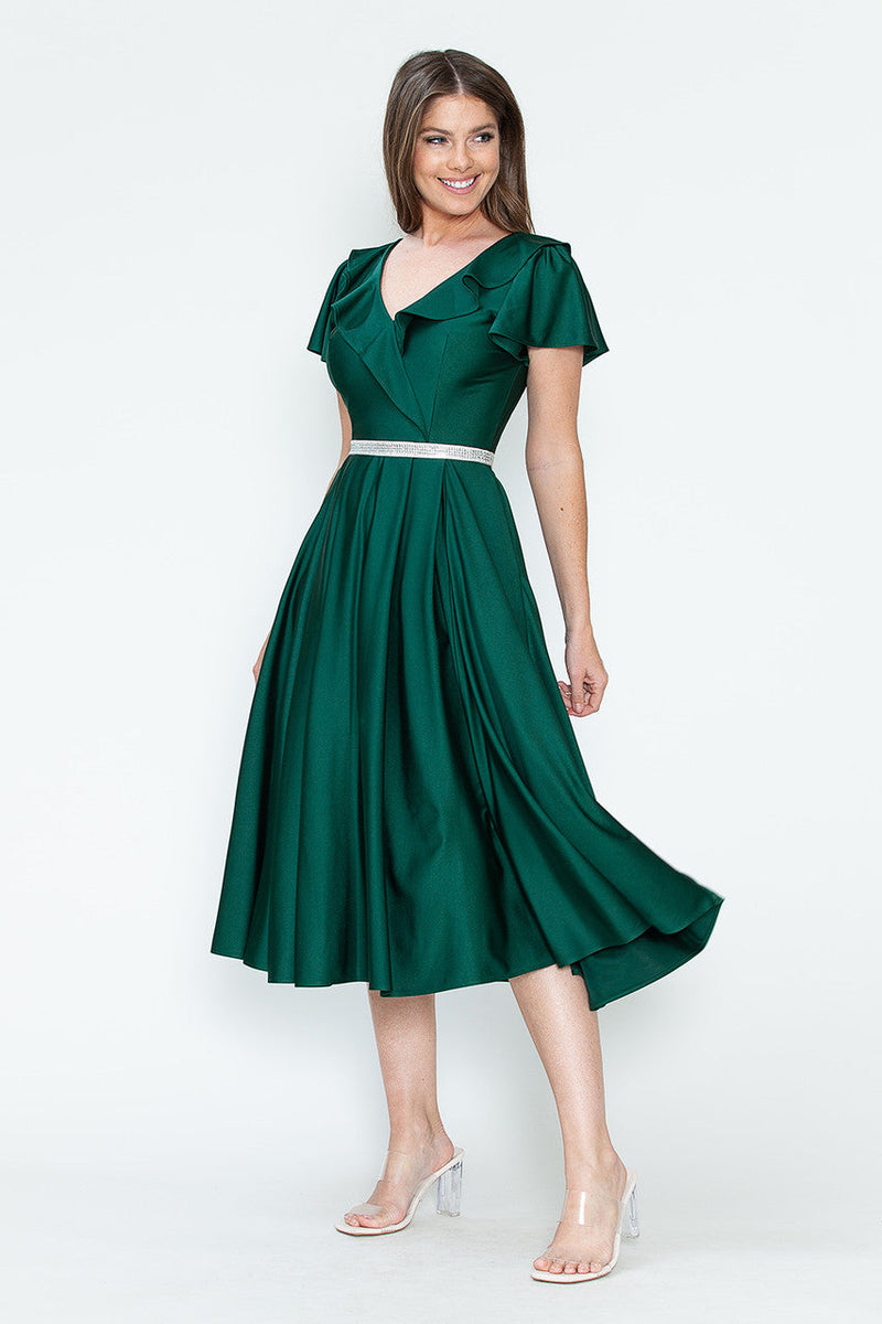 Lenovia 5295 Ruffled Satin Short Sleeve A-Line Tea Length Dress