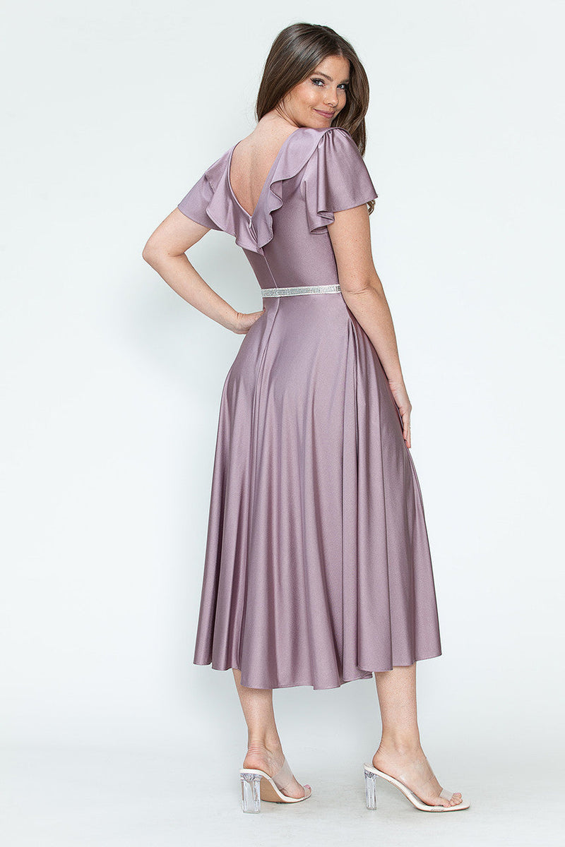 Lenovia 5295 Ruffled Satin Short Sleeve A-Line Tea Length Dress