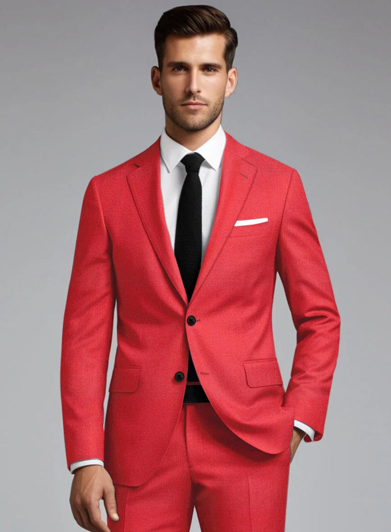 Red suit, black tie, tailored fit. Single-breasted jacket with two black buttons, two front pockets. Smooth texture. Includes white dress shirt.