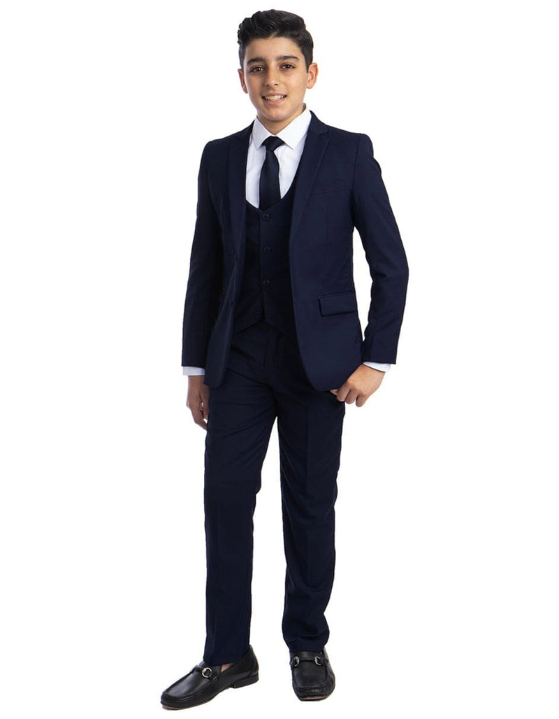 3 piece Suit - Navy Blue Three Piece Suit - Boys Perry Ellis 2 Button Vested Wedding Suit in Navy Blue