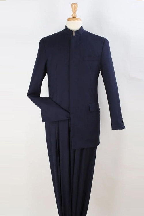 Apollo King "Navy Men's Suit with Mandarin Banded Collar & French Front"
