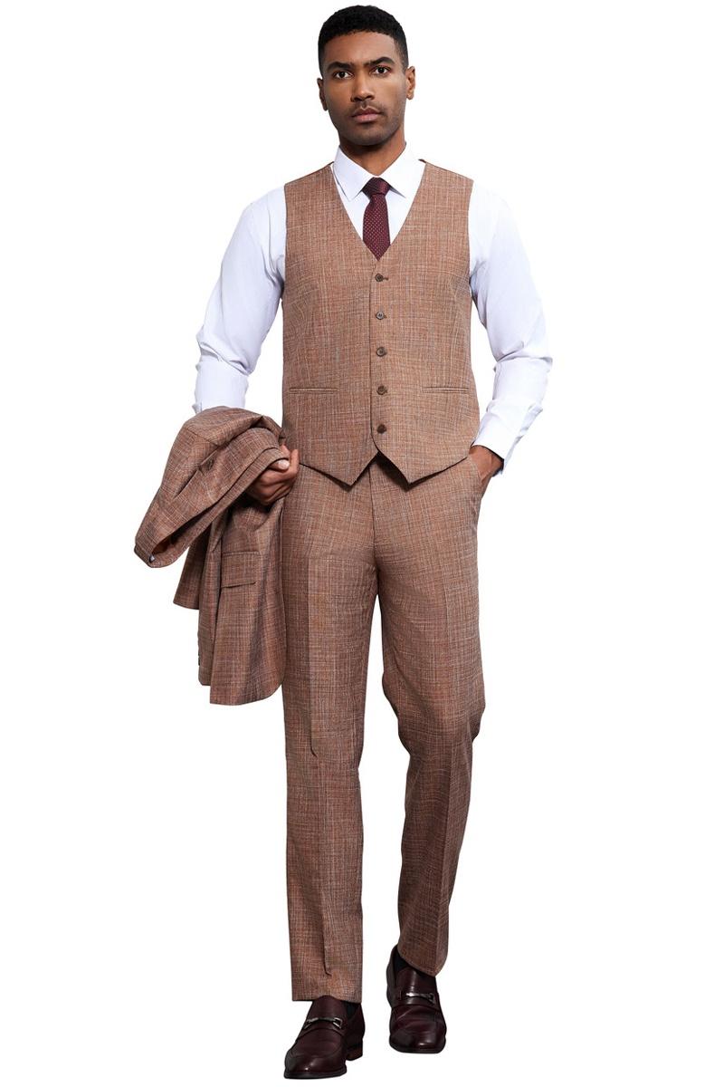 Light rust Stacy Adams men's suit. Three-piece set: vest, trousers, jacket. Sharkskin weave. Vest: tailored, 5-button, pockets. Trousers: straight-leg, flat front. Jacket: notch lapel, single-breasted.