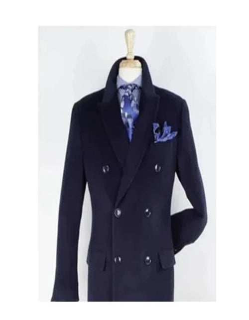 "Men's Navy Wool Peacoat – Double Breasted 3/4 Length Overcoat"