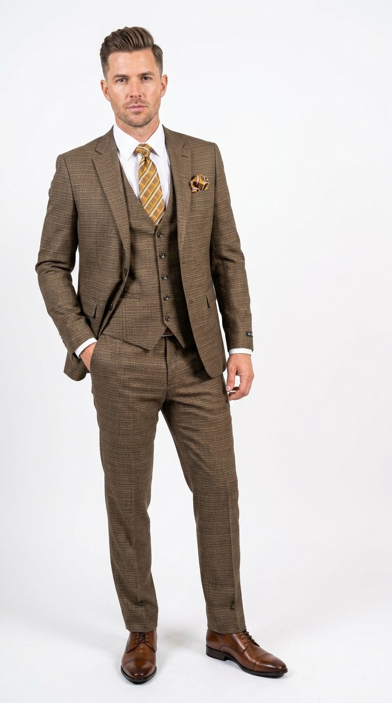 Men's Great Gatsby Brown Checker Plaid Texture 3-Piece Suit ā Classic Fit Business, Wedding & Formal Suit Set - Victorian style 1920s
