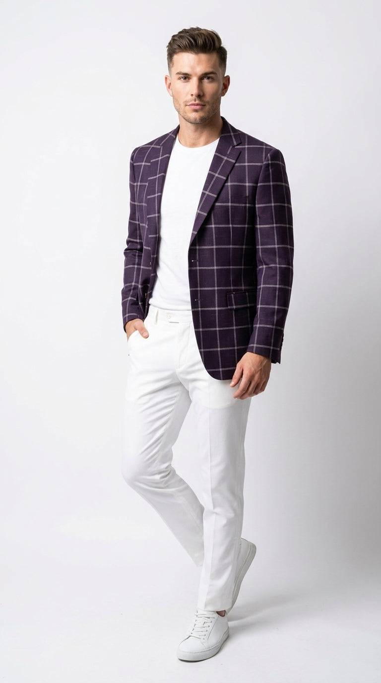 Men's Purple Windowpane Sport Coat ā Classic Fit Plaid Blazer Jacket for Business, Wedding & Casual Wear