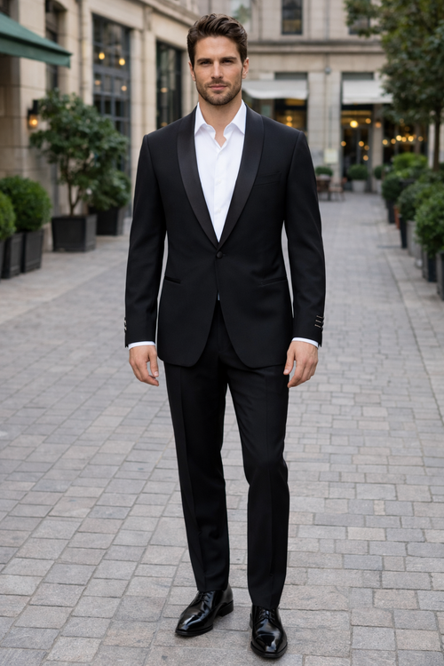 1 Button Designer Shawl Tuxedo in Black Dinner Jacket Blazer - Suit Jacket sateen lapel