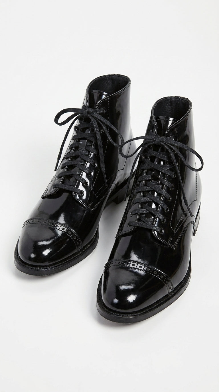 Men's Black Lace-Up Leather Dress Boots – Vintage 1920s Peaky Blinders Cap Toe Boots in black color