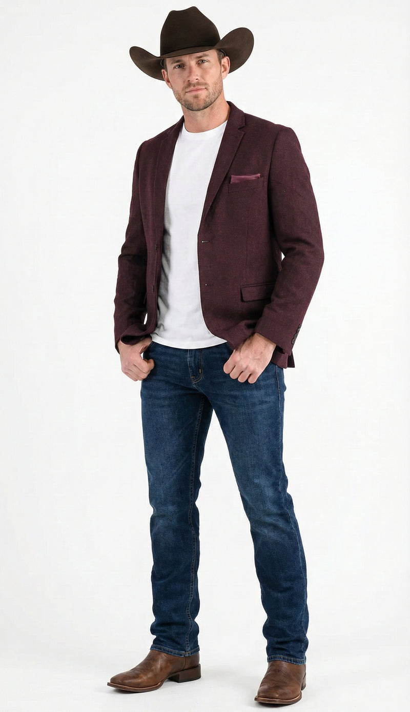 Mens Burgundy Western Blazer Jacket, Textured Cowboy Style Sport Coat for - Tweed Herringbone Maroon Color