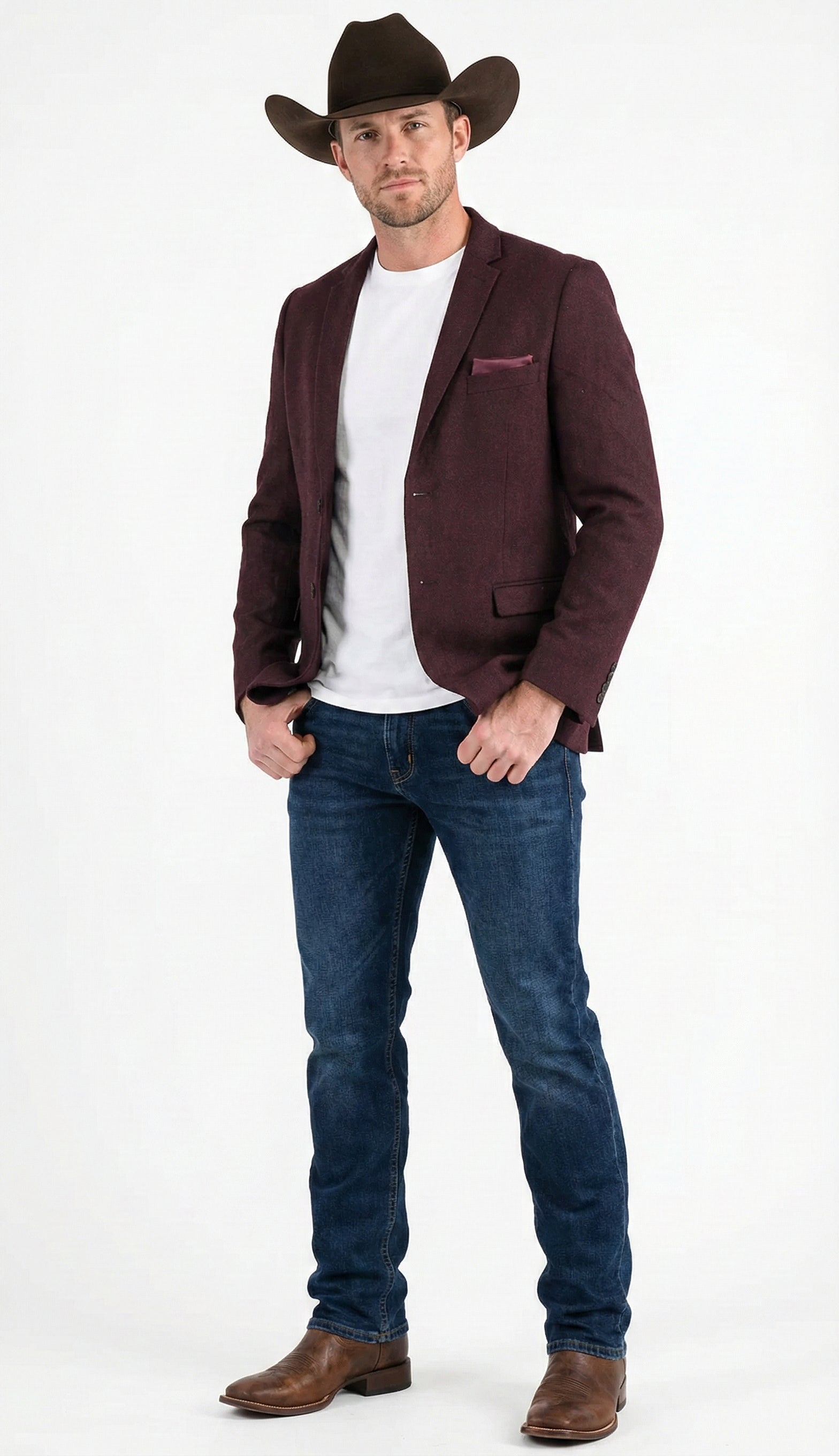 Men’s Burgundy Western Blazer Jacket, Textured Cowboy Style Sport Coat for - Tweed Herringbone Maroon Color