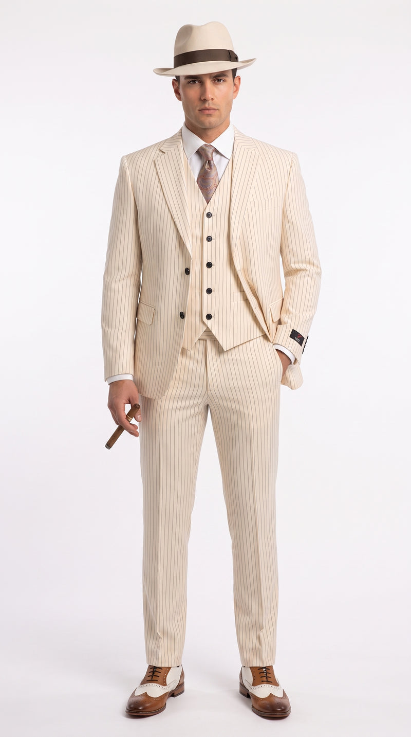 Men’s Ivory Cream Pinstripe 3-Piece Suit – 1920s Gangster Gatsby Wedding and Formal Suit