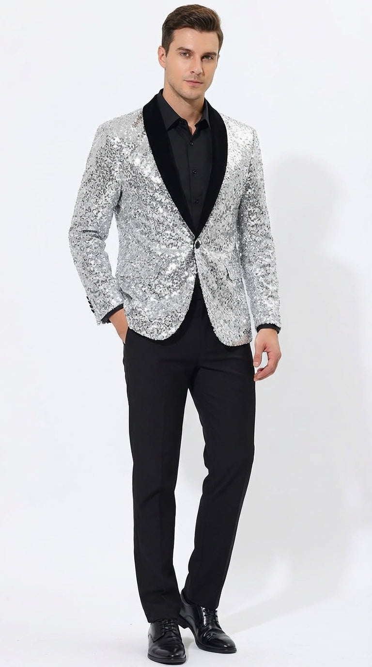 Men's Silver Sequin Blazer Disco Style Jacket – Black Lapel Party Blazer,  Shiny Evening Wear, 70s Dance Outfit, Formal Event Jacket