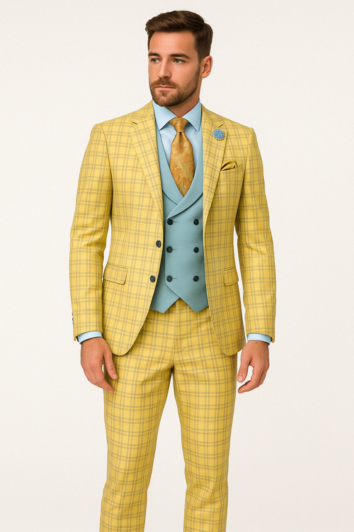 Men's Yellow Plaid Suit with Sky Blue Double-Breasted Vest and Multicolor Paisley Tie